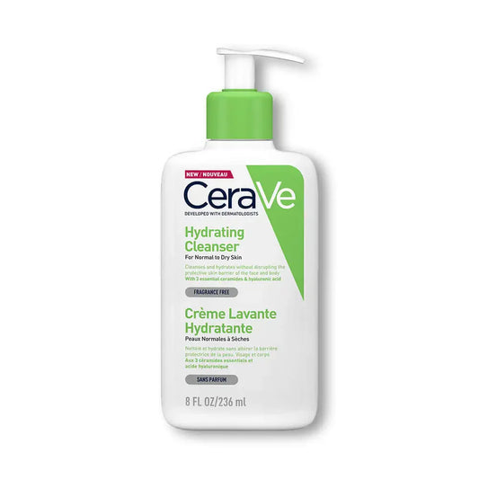 CeraVe hydrating cleanser bottle on a white background